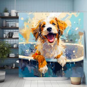 Playful Dog Shower Curtain Set for Bathroom, Get Naked Funny Bath-Tub Window Curtain with Metal Hooks, Waterproof Polyester Fabric, Decorative Cartoon Animal Paw Design, Weighted