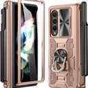 Maxdara for Z Fold 3 Case with Pen Holder and Hinge Protection, Slide Camera Cover +Tempered Glass Screen Protector + Kickstand(Rose Gold)