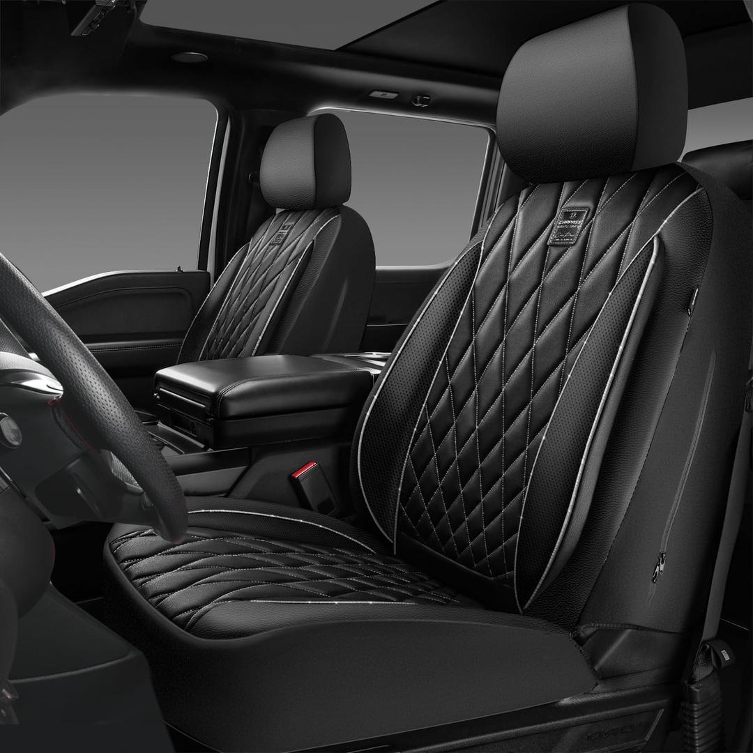 CAR PASS Piping Luxury Leather Two Front Car Seat Covers,Silver Glitter Waterproof Seat Cover Compatible with Front Seat Armrests,Universal Fit for Suvs,Vans,Trucks,Airbag Compatible(Black and Silver)
