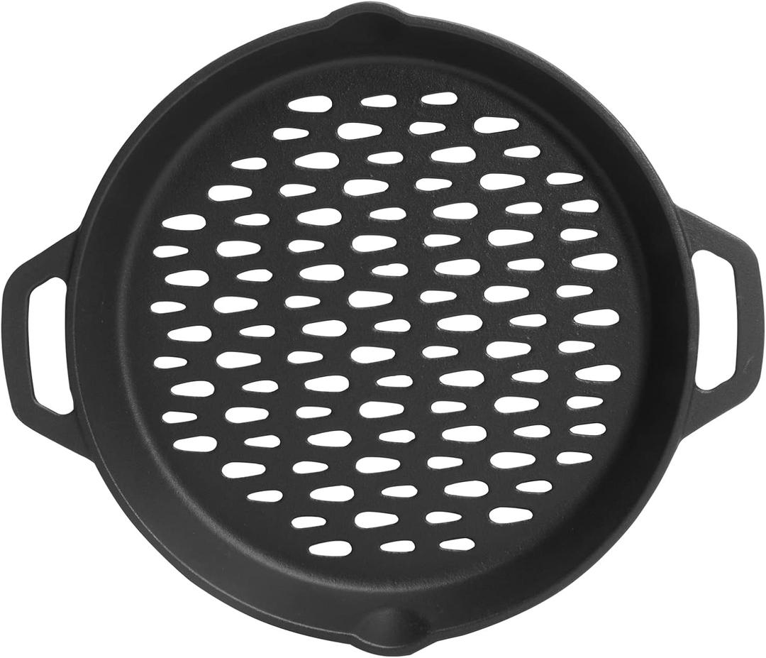 Round Cast Iron Grill Baskets for all Charcoal Smoker and Gas Grills,12 Inch Nonstick Cast Iron Grill Pan Tray Could Cooking Veggie Meat Fish -Dual Handle Grill Basket for All Outdoor Grills