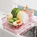Dish Drainer Rack with Drip Tray, Sink Dish Drainer with Drainage Spout, Stainless Steel Dish Drying Rack with Cups, Utensil & Cutting Board Holders for Kitchen Counter Space-Saving, Pink