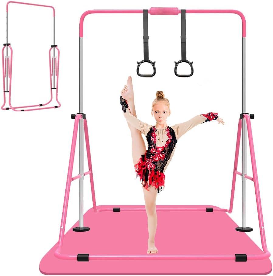 ZUETK Expandable Gymnastics Bar for Kids, Adjustable Height Junior Training Kip Bar, Folding Gymnastic Horizontal Bars Monkey Bar, Home Gym Equipment for Kid Gymnasts, Child, Girl, Boy