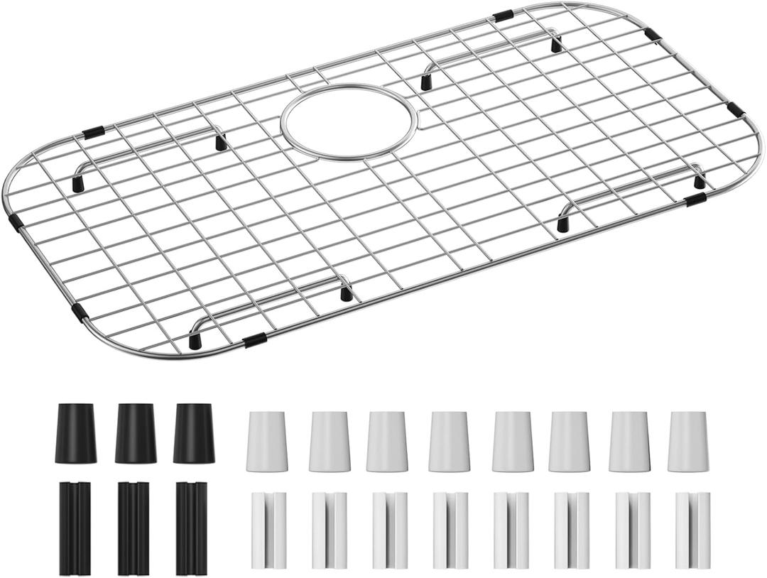 Sink Protector Grid 26-1/16" x 14-1/16", Rear Drain with Corner Radius 3-1/2", 304 Stainless Steel Material，Sink Bottom Grid, Includes Sink Strainer