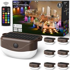 Solar Fence Lights with Remote Control 50ft,15 Multi Colors Solar Powered Outdoor Step Lighting,IP67 Waterproof Led RGBYW Colors Lamp for Outside Fence/Deck/Backyard/Stair Railing/Wall/Patio/Pool (8 Pack, Brown)