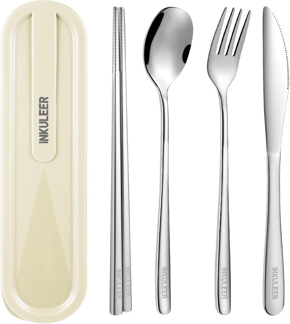 Travel cutlery set, 18/8 stainless steel cutlery, Reusable utensils set with case, Portable Silverware Lunch Box for Camping and Office-Stainless steel