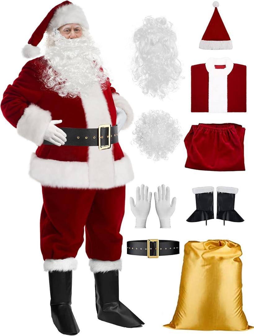 Mannice Santa Claus Costume for Men 9PCS, Christmas Santa Costume Adult Deluxe Santa Suit Professional Santa Outfit (XX-Large, Wine Red)