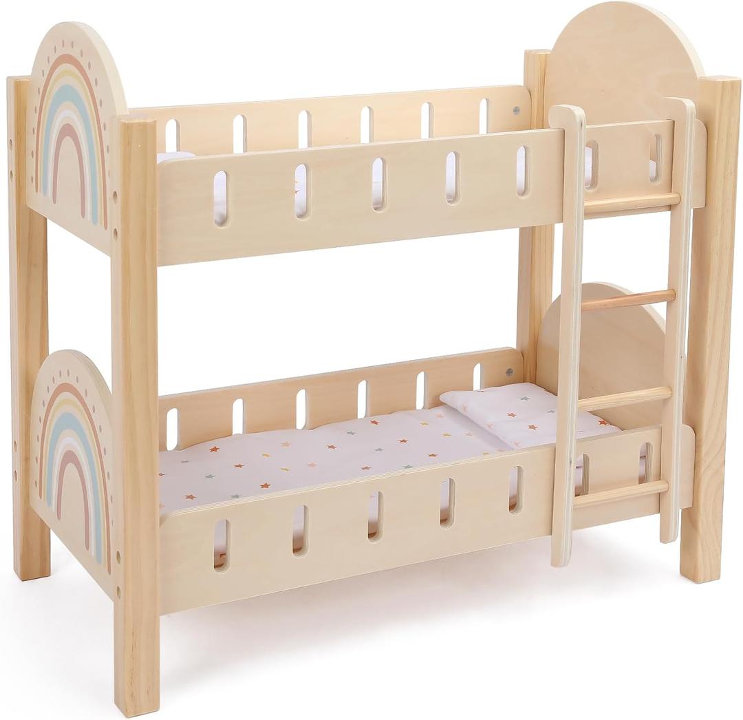 Freniland Wooden Doll Bunk Bed with Ladder & Bedding Two-Level Doll Bed Includes 2 Mattresses & 2 Pillows, Pretend Play Furniture for 18 Inch Dolls