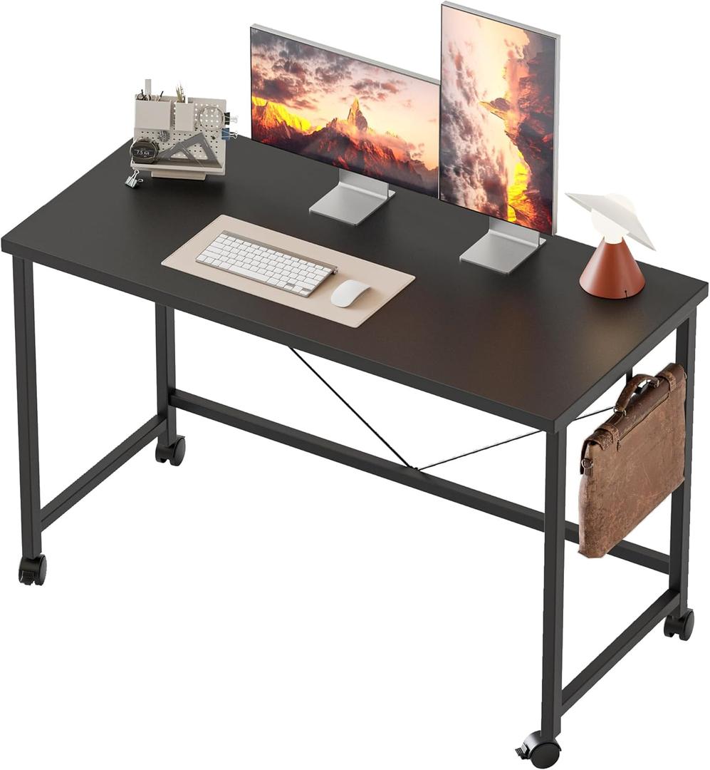 Mericonia 40 inch Rolling Computer Desk with Wheels, Gaming Desk for Small Spaces, Modern Simple Style Table for Home Office, Study Writing Table (39"x19.7", Black)