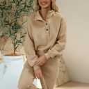 Herseas Lounge Sets for Women Button Fall 2 Piece Outfits Sweatsuits Long Sleeve Fleeced Travel Suits Fashion Clothing (Beige, XXL)