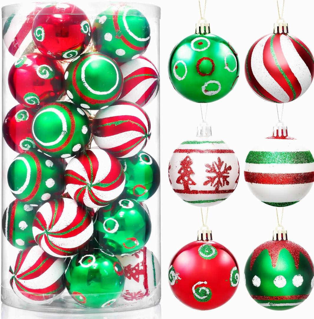 30 Pcs Christmas Ball Ornaments for Xmas Tree, Red Green and White Painting Xmas Tree Decoration Glitter Balls,2.36" Shatterproof Hanging Ball for Christmas Tree Decoration
