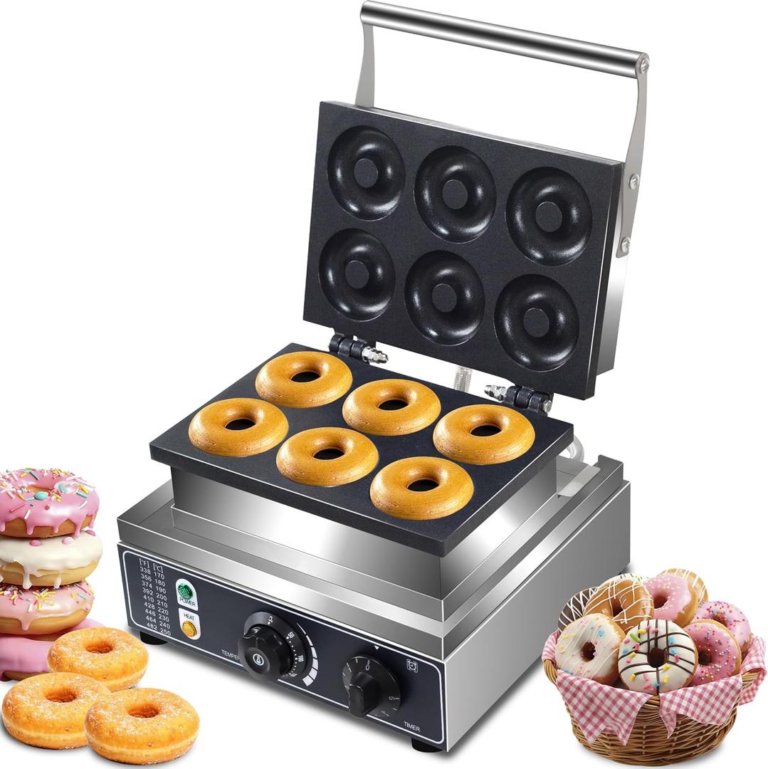 AEYDJXMER 110V Us Plug Commercial Waffle Donut Machine 6 Holes Double-Sided Heating 50-300Donut Machine,Mini Donut Machine, Electric Doughnut Maker 1550W,Essential Snacks For Party Stalls, YD-6A