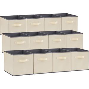 Lifewit 12 Packs Storage Cubes, 11 Inch Cube Storage Bins, Foldable Decorative Fabric Storage Baskets for Organizing Home Organizers with Handles for Shelves, Closet, Beige