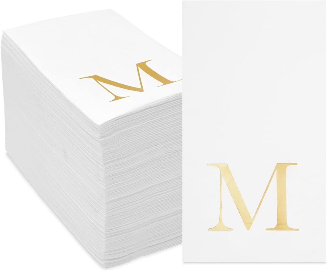 Sparkle and Bash 100 Pack Gold Foil Initial Letter M White Monogram Paper Napkins for Wedding Reception, Table Decorations (4 x 8 In)