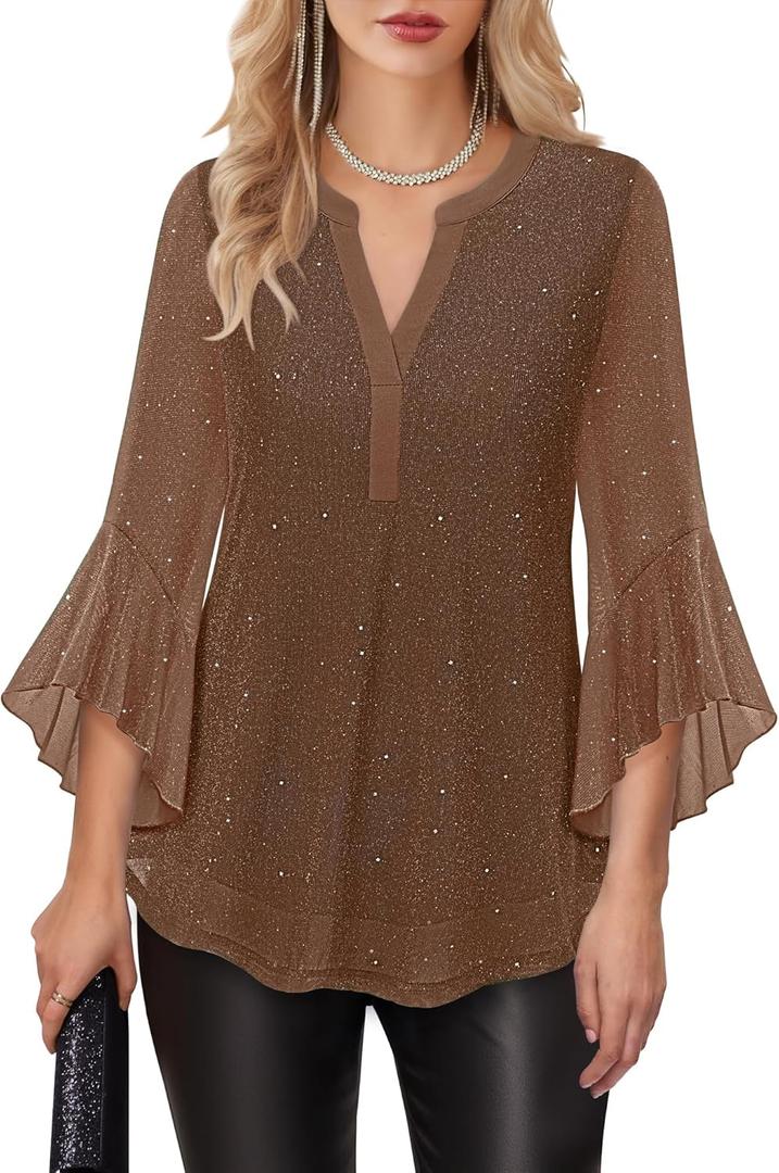 Lotusmile Women's 3/4 Sleeve Dressy Tops Elegant V Neck Blouse for Women Casual Work Evening Party (Brown, S)
