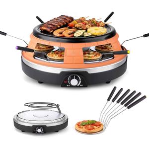 Multifunction Raclette Grill & Mini Pizza Oven, 1200W Electric Pizza Oven with Flat Griddle Top, Indoor Grill with 6 Mini Pizza Baking Slots, Temperature Control, Personal Pizza Maker, PM-01