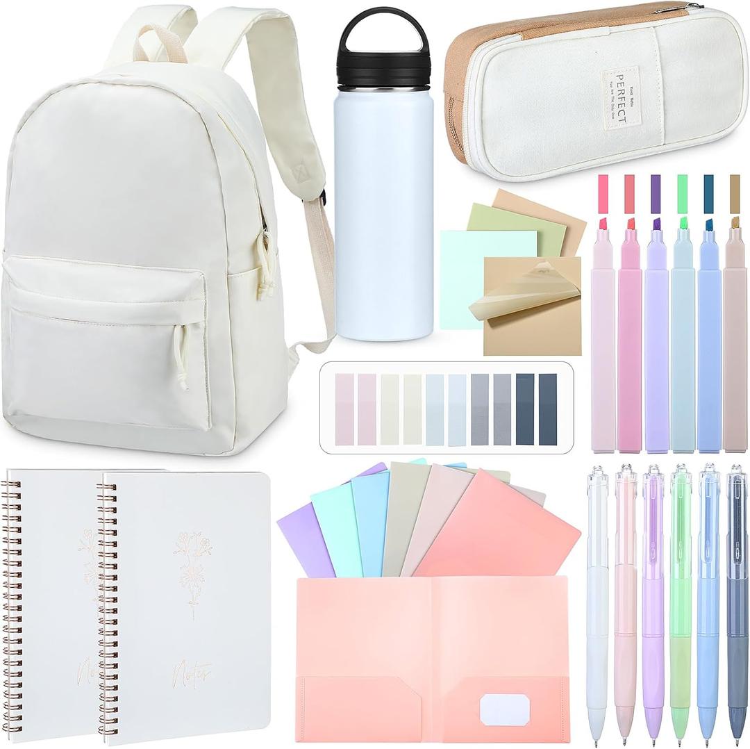 Cunno 28 Pcs Backpack Set Pencil Case Notebook Pen Insulated Cup File Folder Sticky Note Memo Pad Essentials Stationery Kit(White)