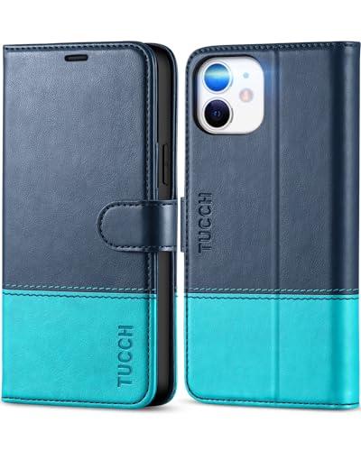 TUCCH Case Wallet for iPhone 12/iPhone 12 Pro 5G, RFID Blocking Card Slot PU Leather Stand Magnetic Folio Cover with TPU Protective Interior Shell Compatible with iPhone 12/12 Pro, Dark Blue&Lake Blue