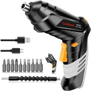 Electric Screwdriver Goldsea 4.2V Cordless Screwdriver 3.5N.m 1500mAh Type-C Charging 10pcs Screwdriver Bits 1/4 Hex Chuck 90/180 deformation handle Forward and reverse adjustment LED Light