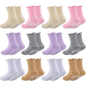 Baby Girls Toddler Ruffle Grip Socks Kids Non Slip Cute Frilly Cotton Crew Socks Uniform School Dress Sock 12 Pairs