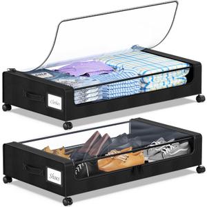Under Bed Storage with Wheels, 2-Pack Under the Bed Storage Containers with Clear Lids & Label, Underbed Storage Bins, XXL 60L Rolling Metal Drawer for Clothes, Shoes, Toys, Books - Black