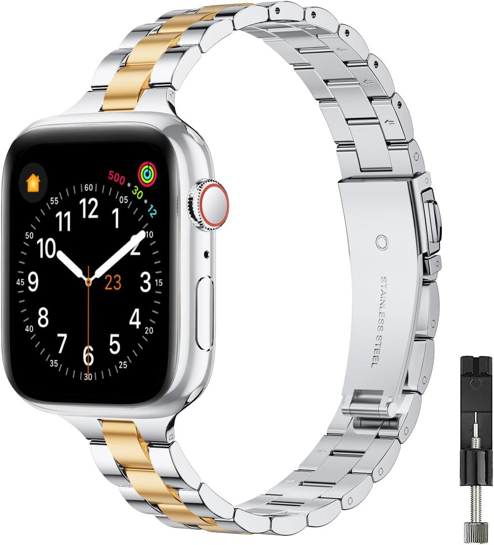 Thin Band Compatible with Apple Watch 40mm 38mm 41mm 42mm 44mm 45mm 49mm, Premium Stainless Steel Metal Replacement Adjustable Wristband Strap for iWatch Ultra SE Series 9/8/7/6/5/4/3/2/1 Women Men (Silver/Gold, 38mm 40mm 41mm)