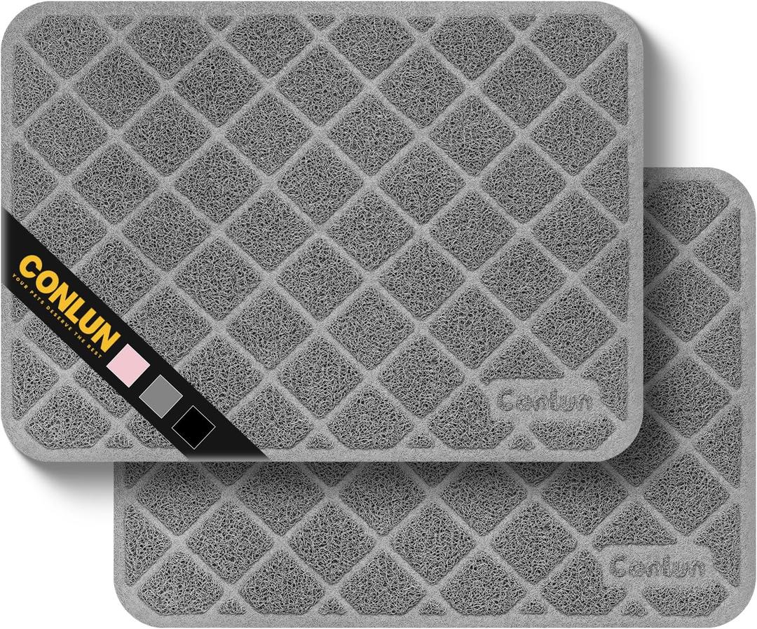 Cat Litter Mat Litter Trapping Mat, 24" x 17" Premium Durable PVC Grid Mesh with Scatter Control, Non-slip, Less Waste Cat Litter Box Mat, Grey 2 Pack