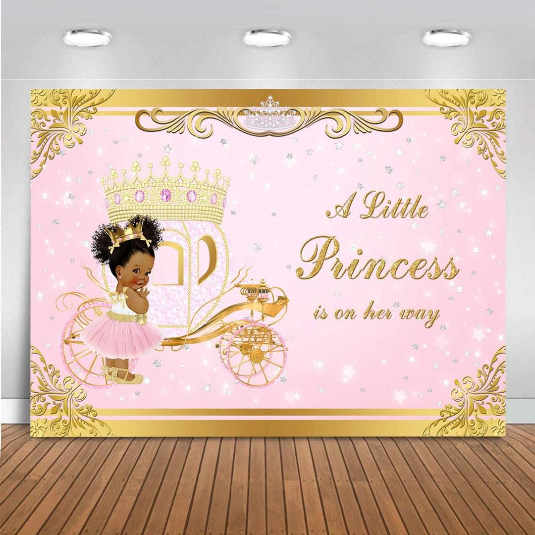 Mocsicka Royal Gold Princess Backdrops Pink Little Princess is On The Way Baby Shower Photography Background Glitter Gold Princess Carriage Geometrical Decoration Newborn Props (7x5ft)