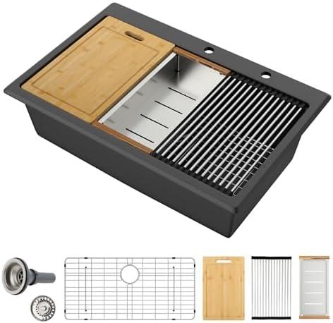 Sarlai 33 Inch Composite Granite Kitchen Sink Drop In - 33x22 Inch Black Kitchen Sink Workstation Granite Topmount Sink Matte Black Quartz Classic Above Counter Single Bowl Sink Basin