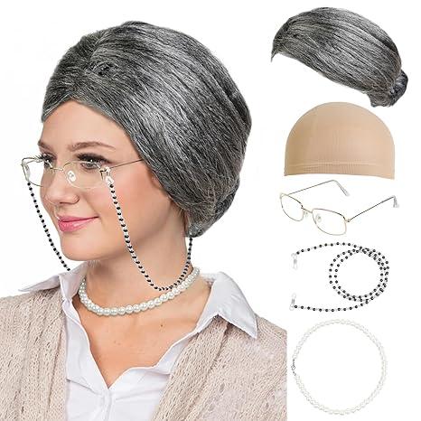 Grandma Costume Kit. Wig Glasses Pearls and Pencil