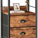 Furologee Nightstand with 2 Fabric Drawers, Night Stand with 2-Tier Shelf, Bedside Table with Hooks, Open Wooden Shelf, End Table for Bedroom, Backboard Design, Metal Frame, Rustic Brown