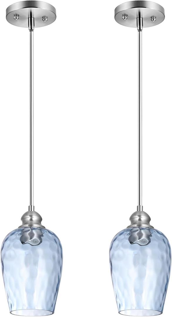 Glass Pendant Lights Kitchen Island, Blue Pendant Light Fixtures with Hand-Blown Clear Glass, Modern Hanging Light for Kitchen Sink Dining Room Bedroom, E26 (Blue, 2pack), 6"L x 6"W x 51"H