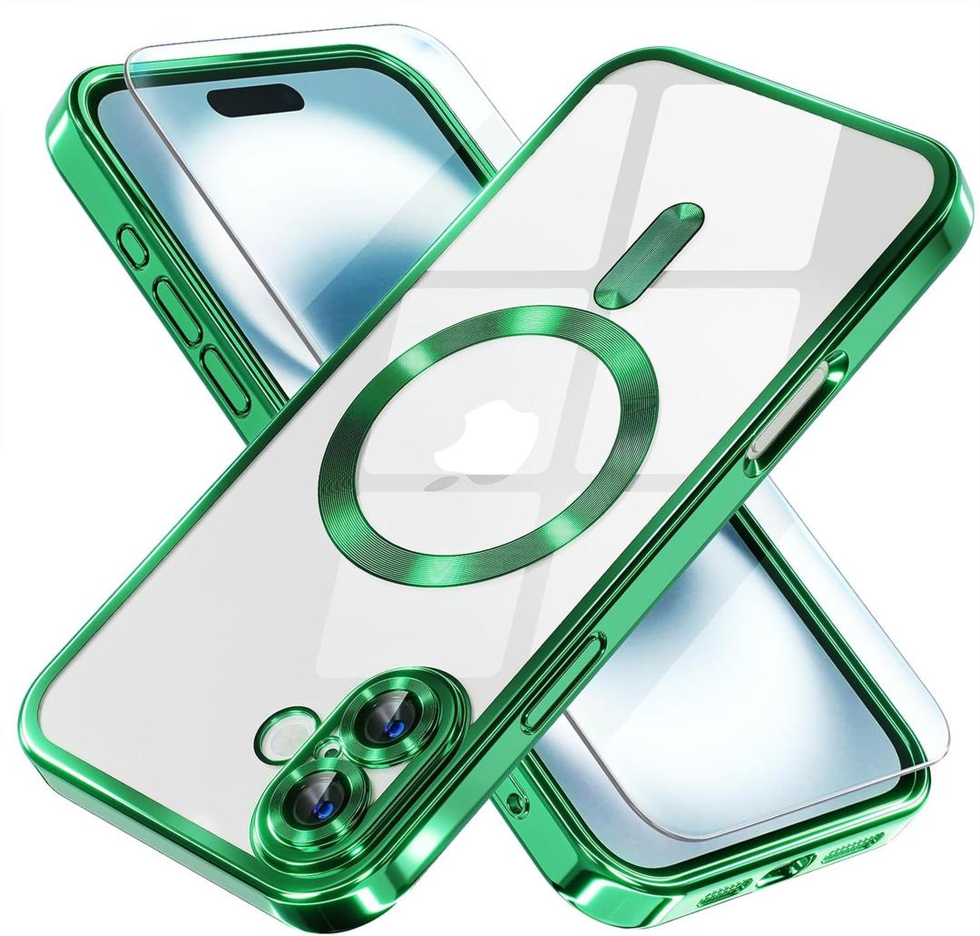 Misea Magnetic for iPhone 16 Case Compatible with MagSafe [Never Yellowing] [Military Grade Drop Protection] Full Camera Lens Protector Plating Soft Clear Phone Case for Women 6.1 inch, Green