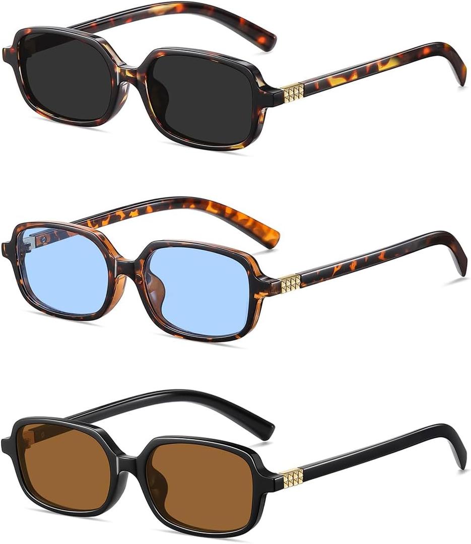 Retro Rectangular Sunglasses for Women Trendy Funny Vintage Fashion Narrow Small 90s Sunnies(3 Pack)