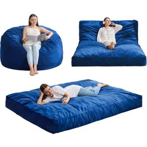 Hobestluk Giant Bean Bag Chair Bed for Adults, Large Bean Bags with High-Density Foam Filling, Convertible Big Sofa Bed Couch for Living Room, Bedroom, Playroom (Blue, Full)