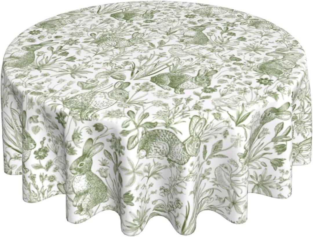 BETGINY Easter Tablecloth 70 Inch Round Spring Green Rabbit Bunny Floral Table Cloth Table Cover Polyester Washable Wrinkle Resistant for Kitchen Dining Holiday Party Dining