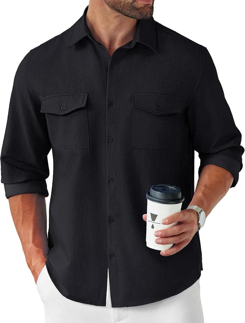 COOFANDY Men's Casual Button Down Shirt Long Sleeve Untucked Shirt Stretch Denim Dress Shirt with Pockets (Medium, Black)