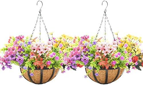 KIDYBELL 2 Pack 10 Inch Round Hanging Basket with Coco Liners， Metal Hanging Baskets for Plants Outdoor， Hanging Planter with Chain Garden Products for Outdoor, Porch, Lawn, Garden