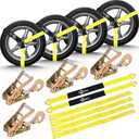 Trekassy Heavy Duty Car Tie Down Straps for Trailers (4PK), 2 Inch x 10 Feet (10,000lb Break Strength), 4 Pack Ratchets with Snap Hooks, 2 Pack 36" Axle Straps (Yellow)