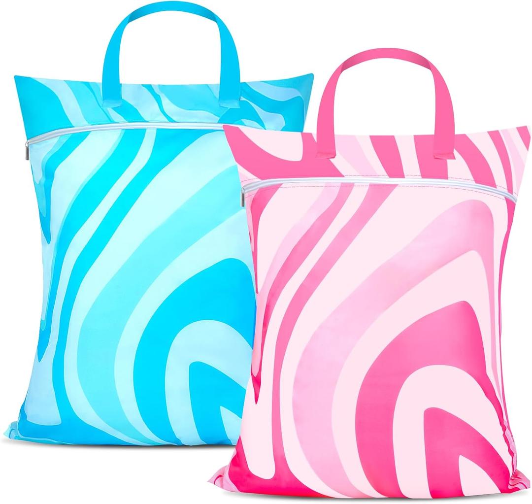 2 Pcs Large Travel Laundry Bag Waterproof with handle Washable Dirty Clothes Bag for Traveling Wet Dry Bag Bathing Suit Workout Bag for Gym Clothes Laundry Wet Clothes Swimming Pool College Dorm (Blue, Pink Abstract Wavy)