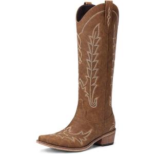 Cowboy Boots for Women - Knee High Pointed Toe Chunky Heel Pull On Zipper Western Cowgirl Boots, Retro Country Vintage Fashion Tall Boots (11, Brown)