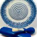 BonCera, All-in-one Premium Ceramic Garlic Grater Plate 4-Piece Set - Blue Embossed Design and Style - For Garlic, Ginger, Chocolate, and more! - Comes with 5.25" Plate, Peeler, Brush, and Stand