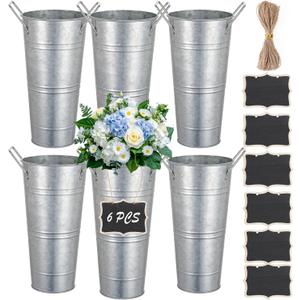 6 Pcs 10.04in Tall Galvanized Flower Bucket with 6 Small Chalkboard and 10m of Rope, Metal Flower Vase for Flower Bar Garden Decor Table Centerpiece