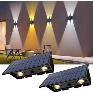 Solar Fence Lights, 2PACK Solar Wall Lights Outdoor Up and Down Waterproof IP54 Solar Light Outdoors for Yard Garden Pools House Deck Porch (Warm White & Natural Light & Cool White)