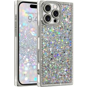 LAPOPNUT for iPhone 16 Pro Case, Cute Bling Sequin Glitter Sparkly Rhinestones Rectangle Edge Phone Case for Girls Women, Crystal Diamond Full Camera Protective Shockproof TPU Bumper Cover, Silver