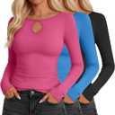 3 Pack Women's Long Sleeve Cutout Neck Keyhole Knit Shirts Slim Fit Stretchy Going Out Y2k Tops with Side Ruched (Large, Black, Royal Blue, Light Pink)