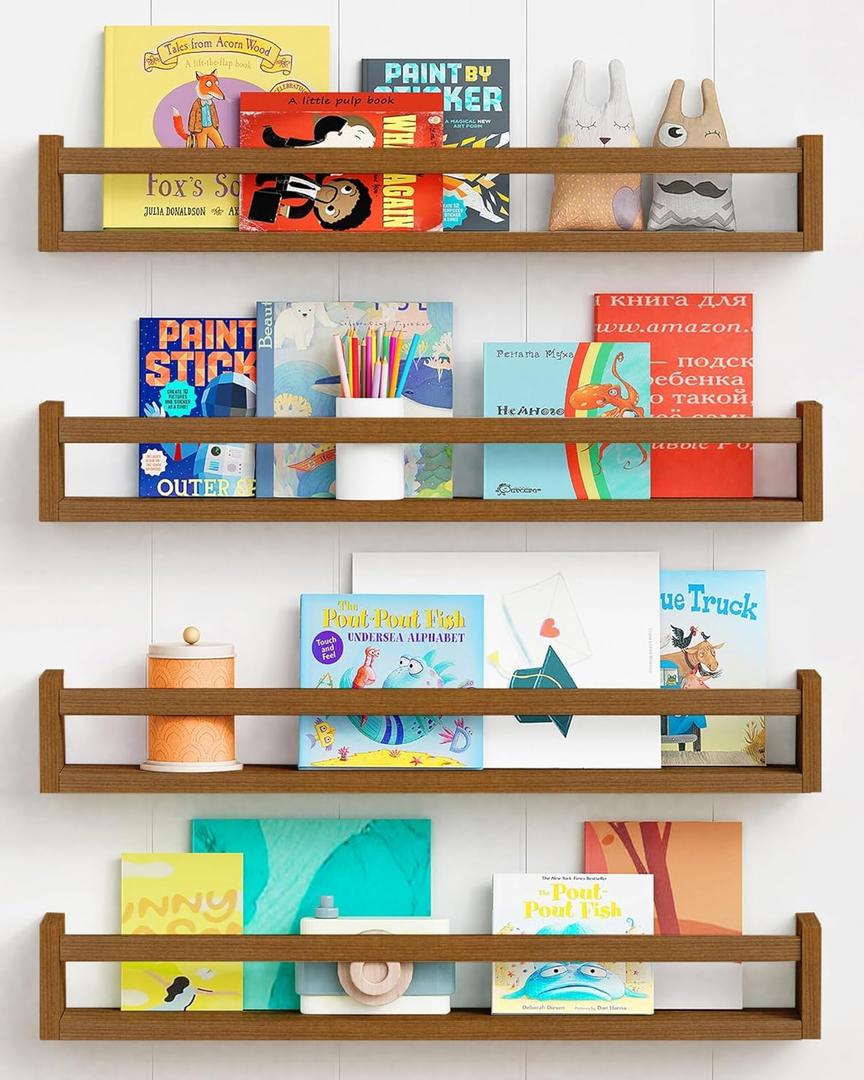 Forbena 24 Inch Wooden Floating Nursery Book Shelves for Wall, Walnut Nursery Bookshelf Wall Mounted for Kids Bedroom, Large Kids Floating Bookshelves for ChildToys Classroom Books Decor (Dark Brown), 23.6 Inch