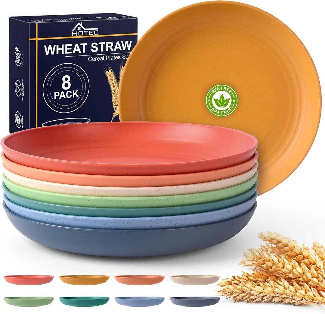HOTEC 8-Pack 10inch BPA Free Unbreakable Deep Dinner Plates, Wheat Straw Plastic Plates Dishwasher Safe Kitchen Plates Dinnerware Multicolor