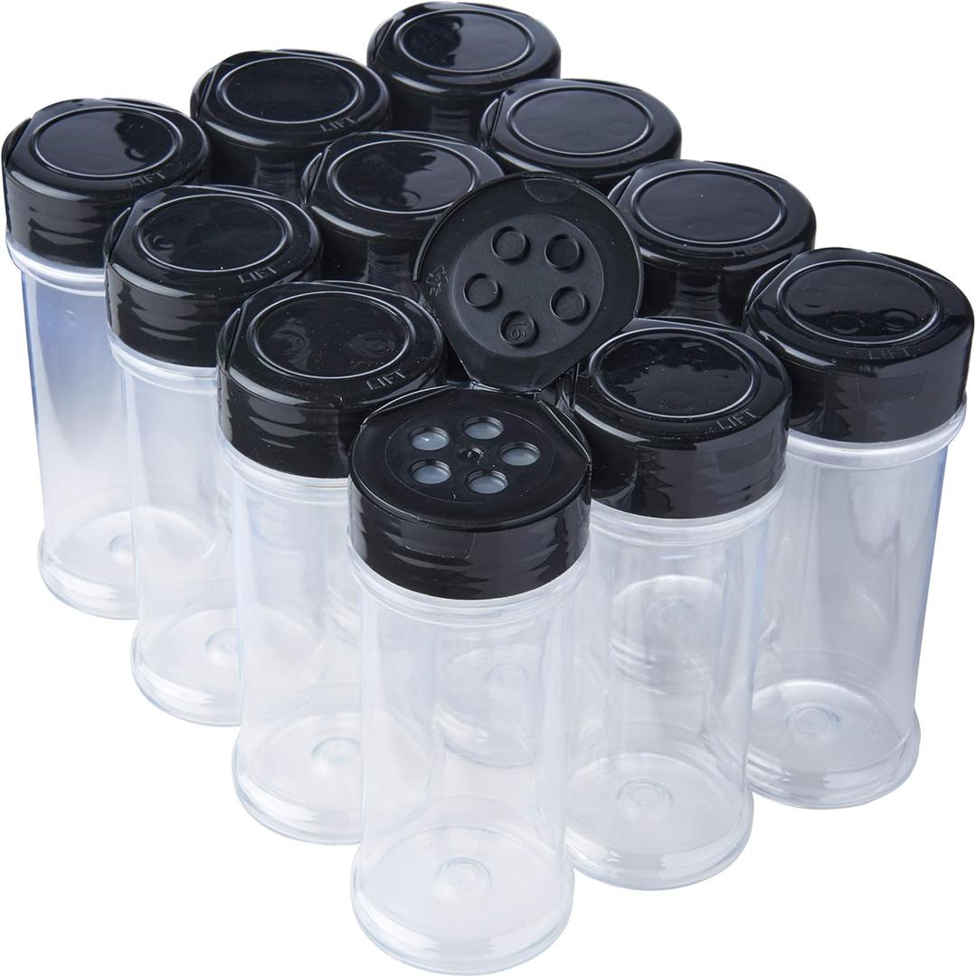 12 Pack of 6 Oz. Empty Clear Plastic Spice Bottles with Black Top Lids For Storing and Dispensing Salt, Sweeteners and Spices - Food-Grade Spice Jars for Kitchen and Home Spice Organization
