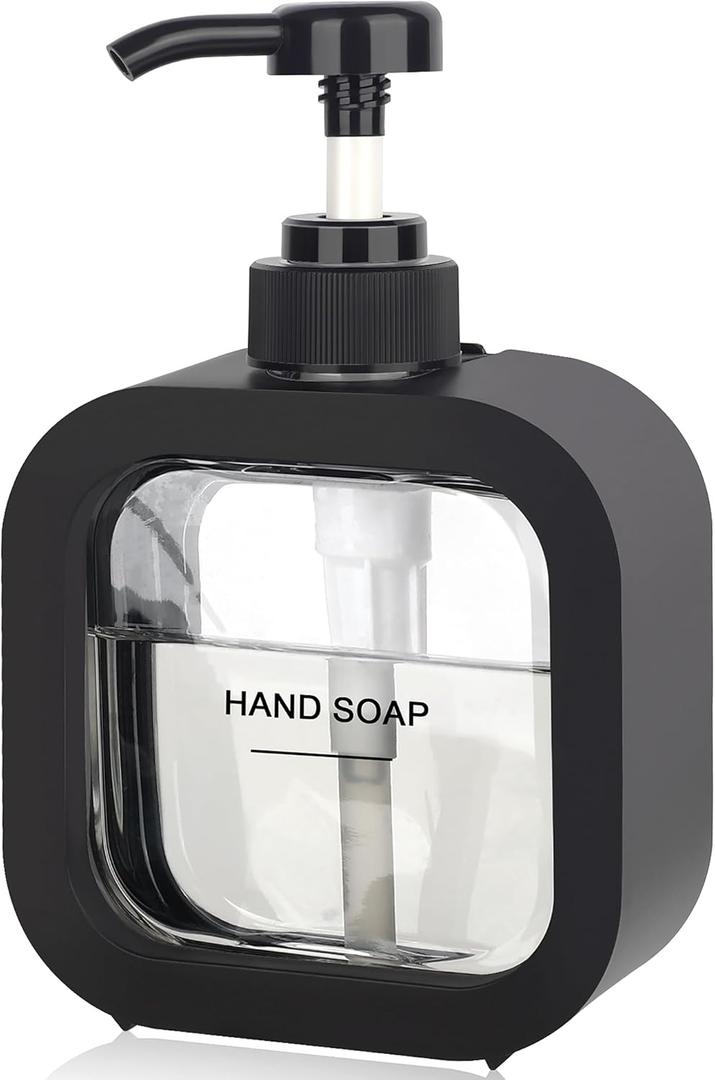 Hand & Dish Soap Dispenser - Modern Plastic Pump with Labels - Black (Black)