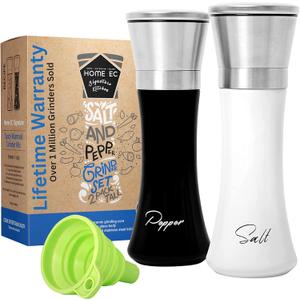 HOME EC Stainless Steel Salt and Pepper Grinder Set of 2 - Adjustable Ceramic Sea Salt Grinder & Pepper Grinder - Glass Salt and Pepper Shakers - Pepper Mill & Salt Mill W/Funnel - Black and White (2pk, Black/White Glass)